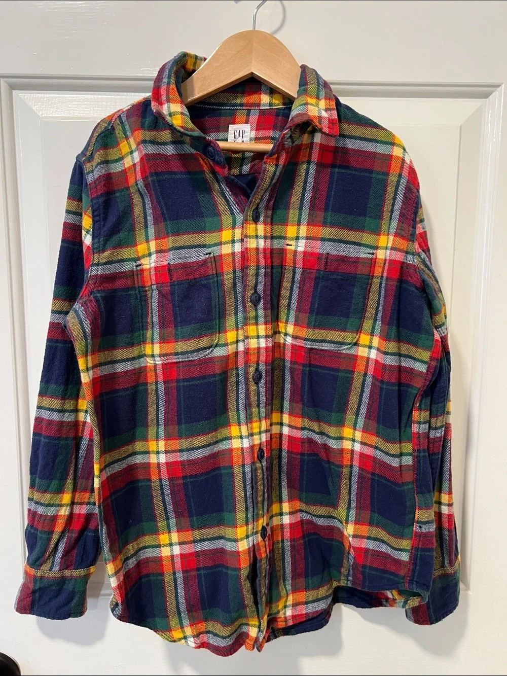 GAP Kids Multicolor Plaid Flannel Button-Down Shirt — Navy, Red, Green & Yellow